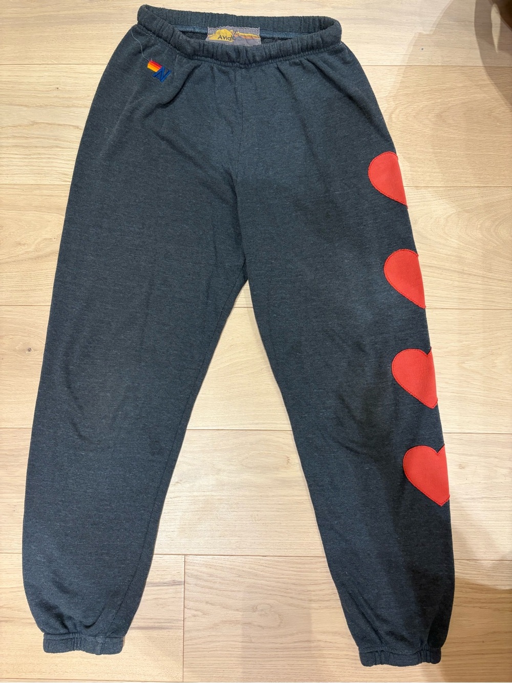 Aviator Nation Black Jogger Sweatpants with Red Heart Side Appliqués